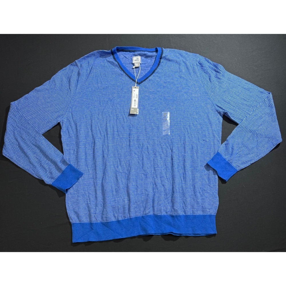 JCP Mens XXL Racing‎ Blue Cashmere Blend Striped V-Neck Sweater NWT 560-6201